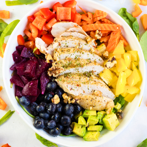 Rainbow salad bowl with chicken recipe