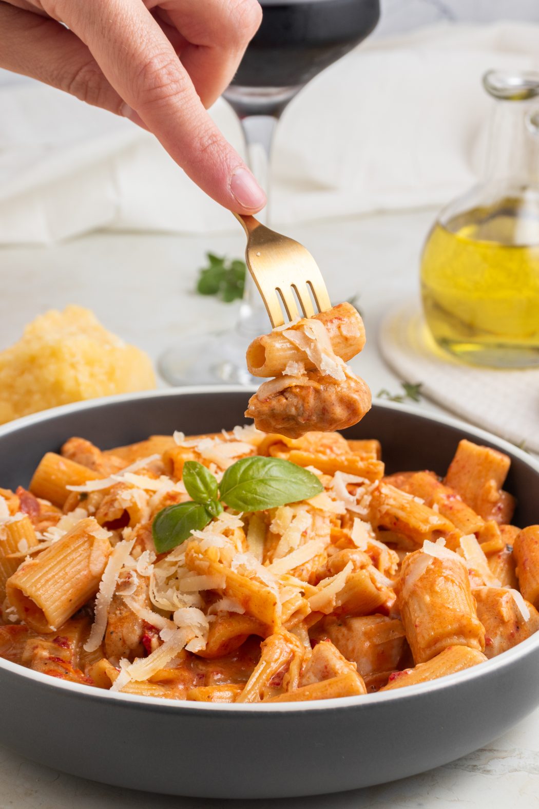 Marry-me chicken pasta in a bowl