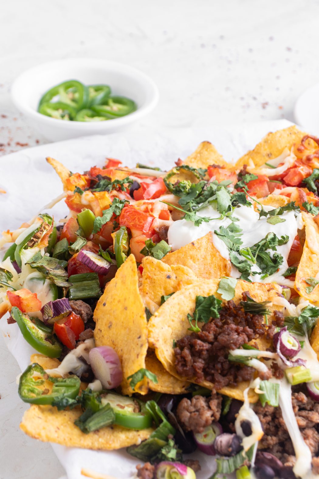 Close up of ground beef air fryer nachos