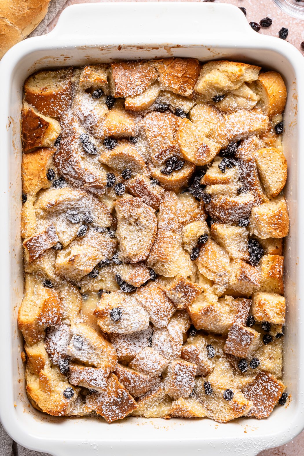 Overhead view of cooked bread pudding