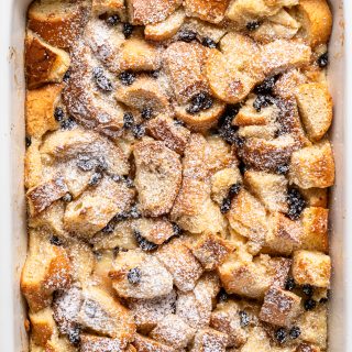 Overhead view of cooked bread pudding