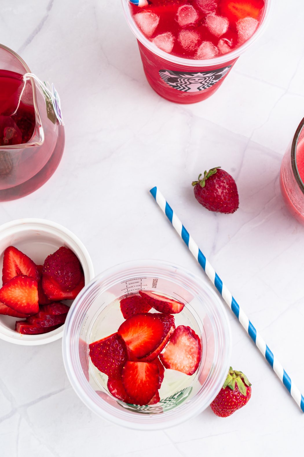 Overhead view of ingredients for Strawberry Açaí Starbucks Refresher